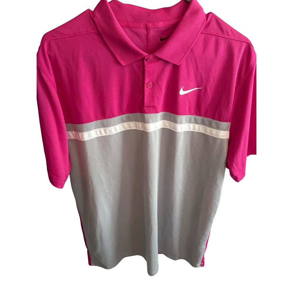 Nike Mens Dri-FIT Golf Polo Shirt Pink Grey Colorblock Short Sleeve Large